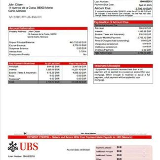 Monaco UBS (Monaco) mortgage statement Word and PDF template download template file