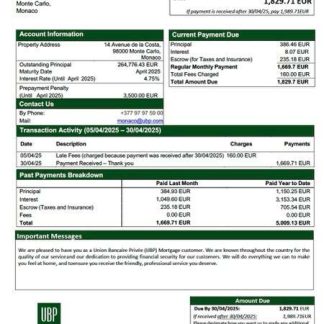 Monaco Union Bancaire Privée (UBP) mortgage statement Word and PDF template download template file