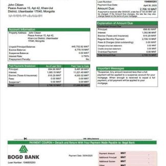 Mongolia Bogd Bank mortgage statement Word and PDF template download template file