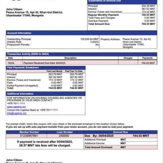 Mongolia Capitron Bank mortgage statement Word and PDF template download template file