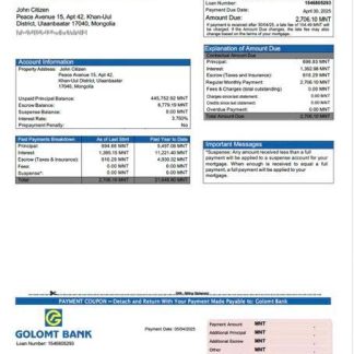 Mongolia Golomt Bank mortgage statement Word and PDF template download template file