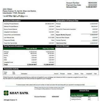 Mongolia Khan Bank mortgage statement Word and PDF template download template file