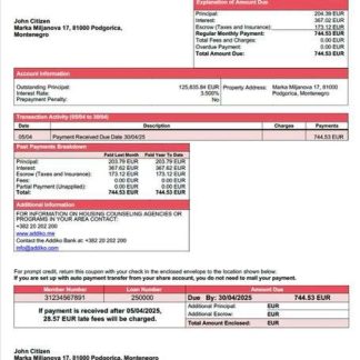Montenegro Addiko Bank mortgage statement Word and PDF template download template file