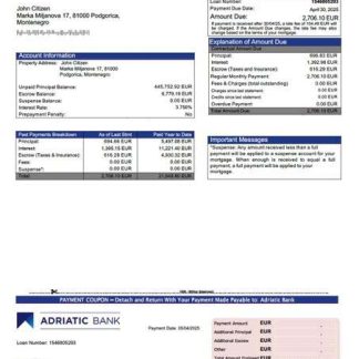 Montenegro Adriatic Bank mortgage statement Word and PDF template download template file