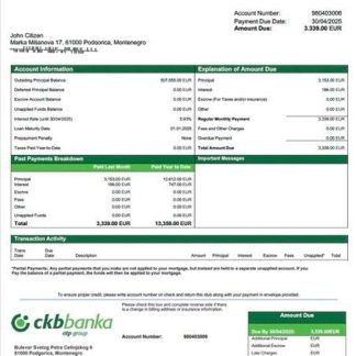 Montenegro Crnogorska komercijalna banka mortgage statement Word and PDF template download template file