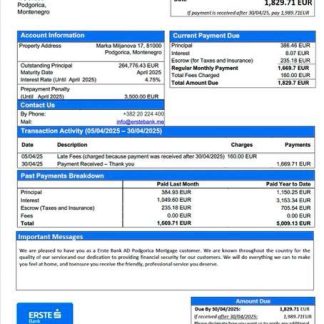 Montenegro Erste Bank AD Podgorica mortgage statement Word and PDF template download template file