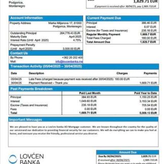 Montenegro Lovćen banka AD mortgage statement Word and PDF template download template file