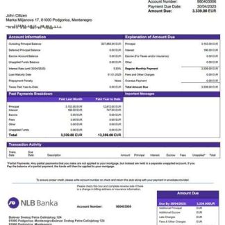 Montenegro NLB Banka Podgorica mortgage statement Word and PDF template download template file