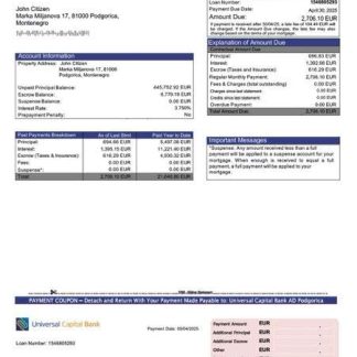 Montenegro Universal Capital Bank AD Podgorica mortgage statement Word and PDF template download template file