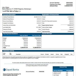 Montenegro Zapad banka AD mortgage statement Word and PDF template download template file
