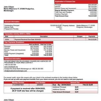 Montenegro Ziraat Bank Montenegro mortgage statement Word and PDF template download template file