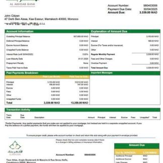 Morocco Al Akhdar Bank (AAB) mortgage statement Word and PDF template download template file