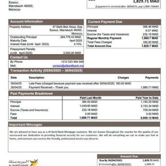 Morocco Al Barid Bank mortgage statement Word and PDF template download template file
