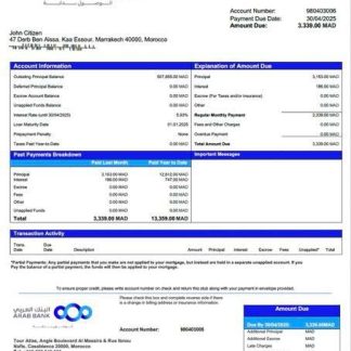Morocco Arab Bank mortgage statement Word and PDF template download template file