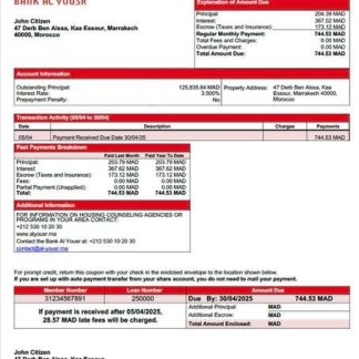 Morocco Bank Al Yousr mortgage statement Word and PDF template download template file