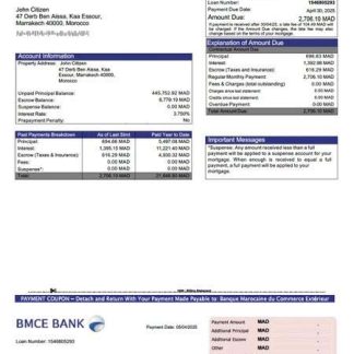 Morocco Banque Marocaine du Commerce Extérieur (BMCE) mortgage statement Word and PDF template download template file