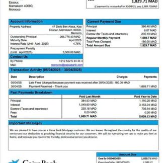 Morocco Caixa Bank mortgage statement Word and PDF template download template file