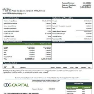 Morocco CDG Capital mortgage statement Word and PDF template download template file