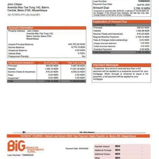 Mozambique Banco BIG Moçambique mortgage statement Word and PDF template download template file