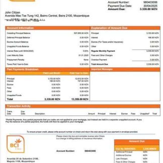 Mozambique Banco Comercial e de Investimentos mortgage statement Word and PDF template download template file