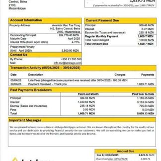 Mozambique Banco Letshego mortgage statement Word and PDF template download template file