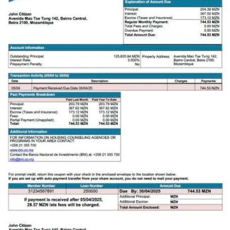 Mozambique Banco Nacional de Investimento (BNI) mortgage statement Word and PDF template download template file