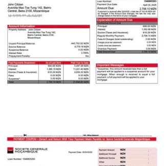 Mozambique Banco Societé Generale Moçambique mortgage statement Word and PDF template download template file