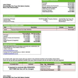 Mozambique First Capital Bank mortgage statement Word and PDF template download template file