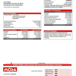 Mozambique Moza Banco mortgage statement Word and PDF template download template file