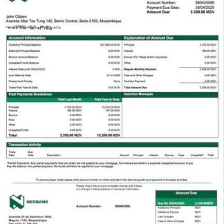Mozambique Nedbank Moçambique mortgage statement Word and PDF template download template file