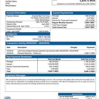 Mozambique Standard Bank mortgage statement Word and PDF template download template file