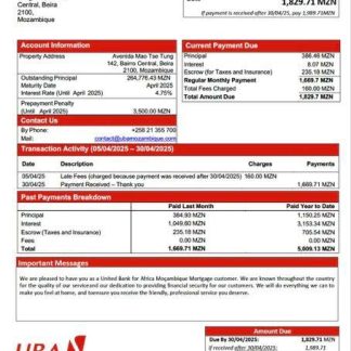 Mozambique United Bank for Africa Moçambique mortgage statement Word and PDF template download template file