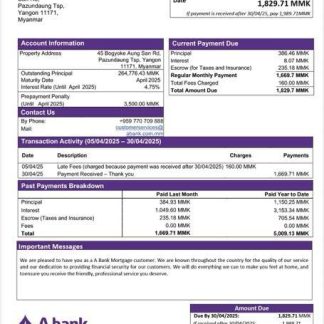 Myanmar A Bank mortgage statement Word and PDF template download template file