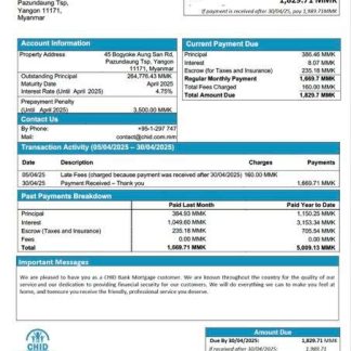 Myanmar CHID Bank mortgage statement Word and PDF template download template file