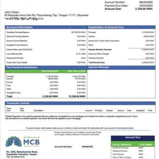 Myanmar Citizens Bank mortgage statement Word and PDF template download template file