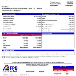 Myanmar First Private Bank mortgage statement Word and PDF template download template file