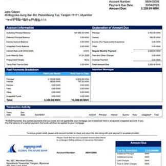 Myanmar Global Treasure Bank mortgage statement Word and PDF template download template file