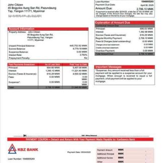Myanmar Kanbawza Bank mortgage statement Word and PDF template download template file