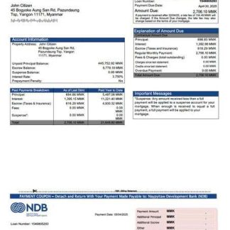 Myanmar Naypyitaw Development Bank (NDB) mortgage statement Word and PDF template download template file