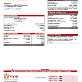 Myanmar Oriental Bank mortgage statement Word and PDF template download template file