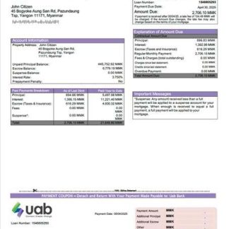 Myanmar uab Bank mortgage statement Word and PDF template download template file