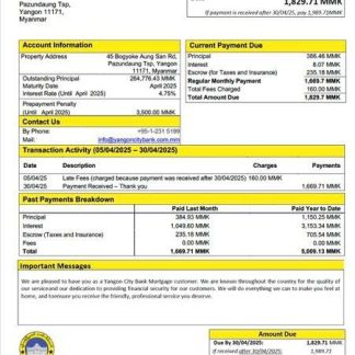 Myanmar Yangon City Bank mortgage statement Word and PDF template download template file