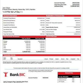 Namibia Bank BIC Namibia mortgage statement Word and PDF template download template file