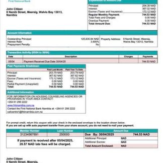 Namibia First National Bank Namibia Limited mortgage statement Word and PDF template download template file