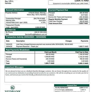 Namibia Nedbank Namibia Limited mortgage statement Word and PDF template download template file