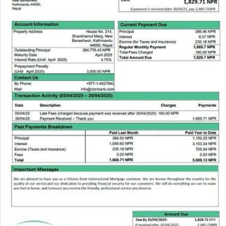 Nepal Citizens Bank International mortgage statement Word and PDF template download template file