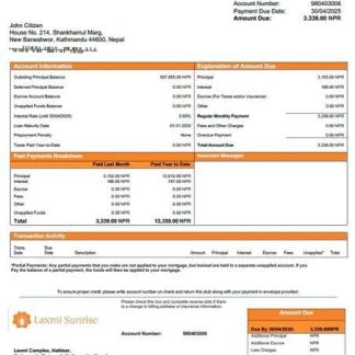 Nepal Laxmi Sunrise Bank mortgage statement Word and PDF template download template file