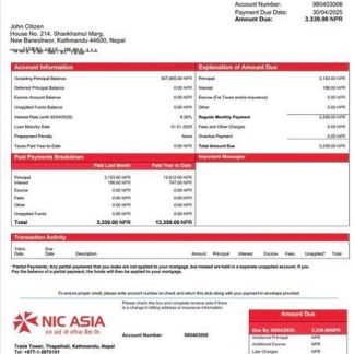 Nepal NIC Asia Bank mortgage statement Word and PDF template download template file