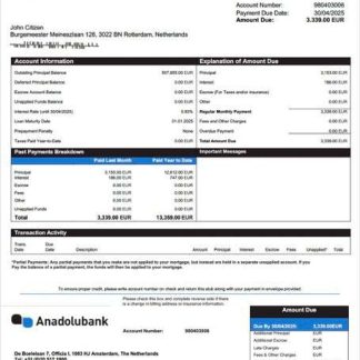 Netherlands Anadolubank Nederland mortgage statement Word and PDF template download template file