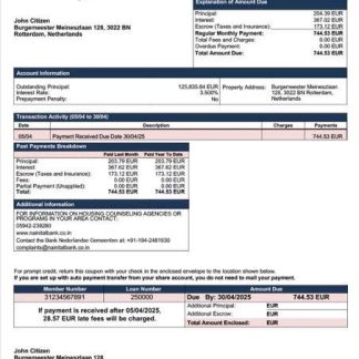 Netherlands Bank Nederlandse Gemeenten mortgage statement Word and PDF template download template file